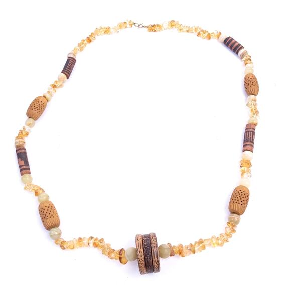 Mixed Media Necklace Wood, Beads, Beige, Tan, Yellow 31" Long- So Pretty - Picture 4 of 4